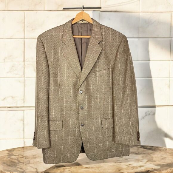 Vintage Syd Jerome Joseph Abboud Silk Wool Taupe Check Blazer Sport Jacket 42R - Picture 1 of 11